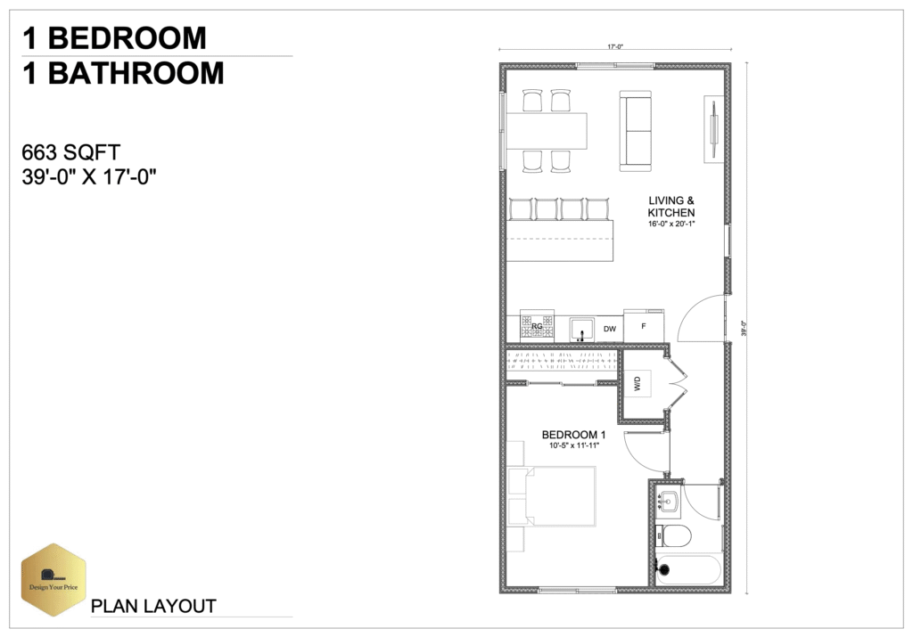 ADU 663sqft floor plan 1 bedroom 1 bathroom