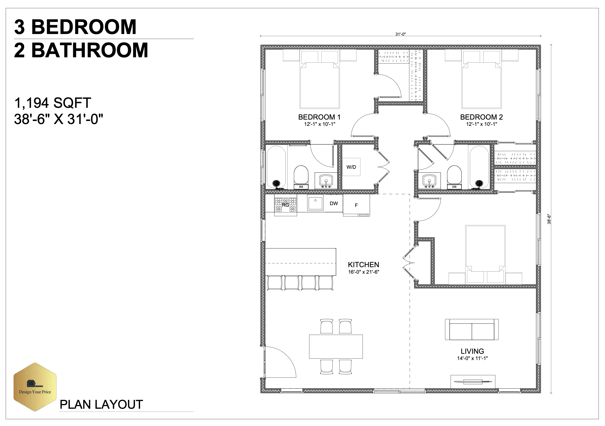 ADU 1194sqft floor plan 3 bedroom 2 bathroom
