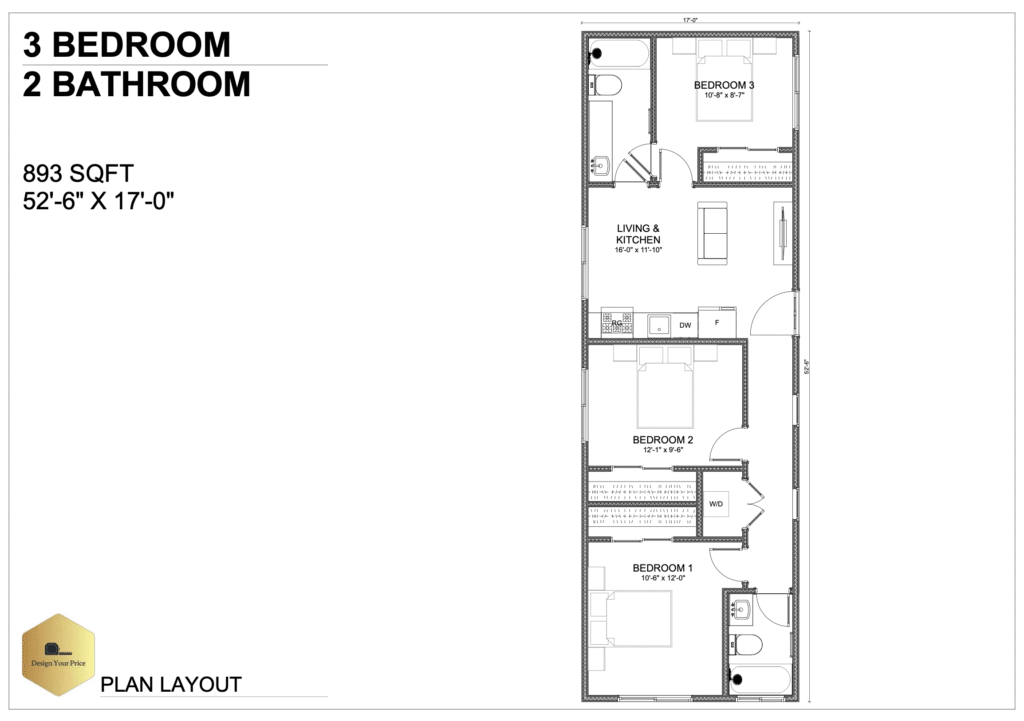 ADU 893sqft floor plan 3 bedroom 2 bathroom